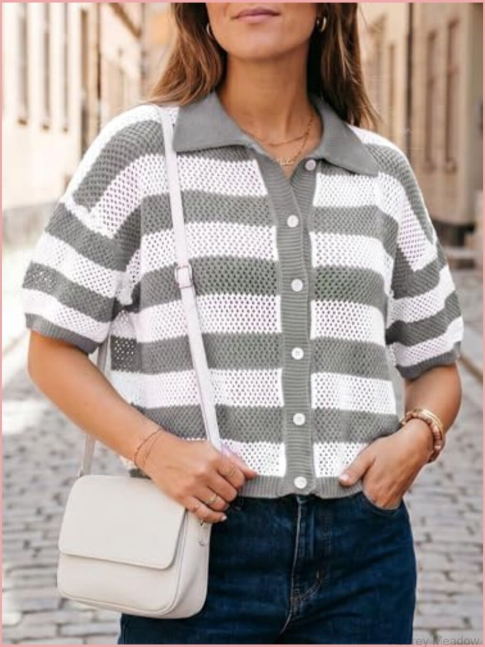 Striped Crochet Cardigan Sweater Half Sleeve Button Up Tops Loose Fit Cover Up - Picture 4 of 7